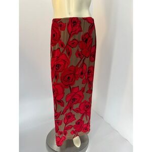 Vintage 90s Whimsical Maxi Skirt Red Rose Floral Print Elastic Waist Brown XL